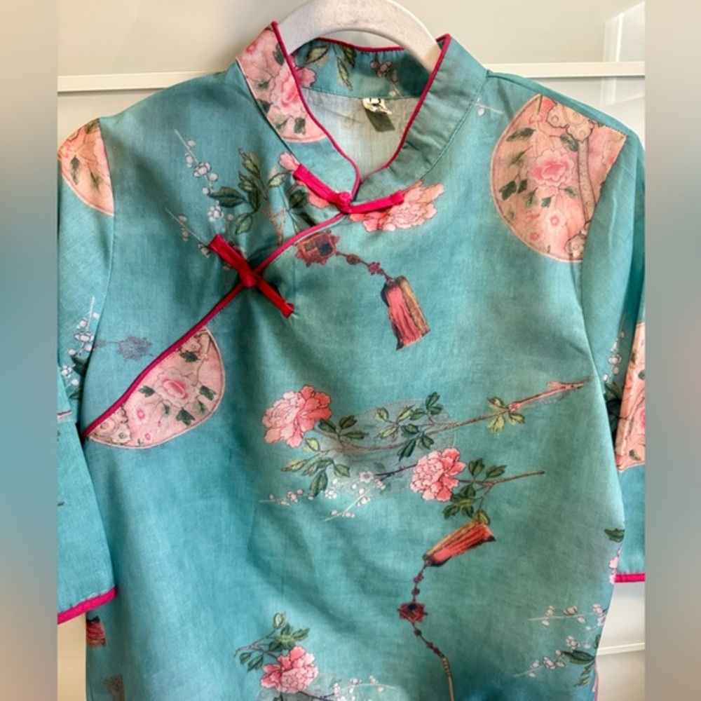 Chinese style qi pao top teal floral peony print Asian L Mandarin blouse